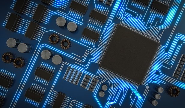 3D rendered illustration of processor or microchip. View from top.