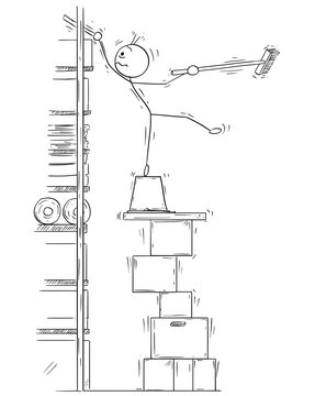 Vector Stick Man Cartoon of Man balancing on the Stack of Paper Boxes