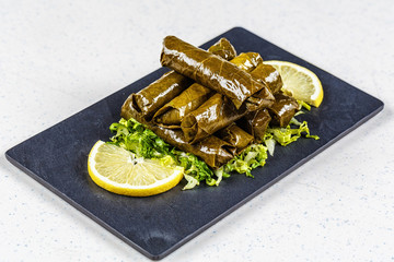 Dolma, stuffed grape leaves with rice and meat.