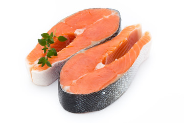 salmon steak close-up isolated on white background