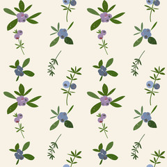 
Blueberries vector seamless pattern. Hand drawn berries in pastel colors on light background with worn out texture.