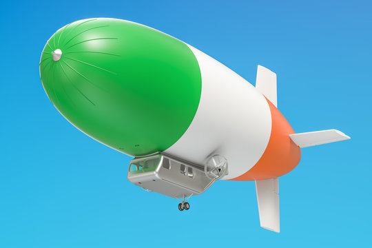 Airship or dirigible balloon with Irish flag, 3D rendering