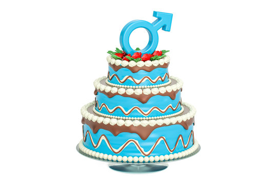 Blue cake with male gender sign, 3D rendering