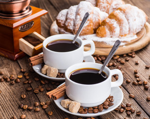 Breakfast with coffee and croissants on table