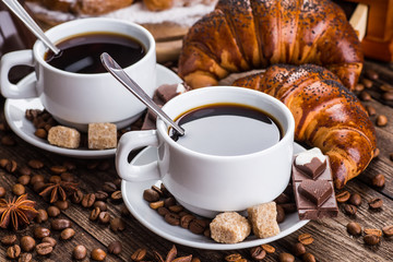 Breakfast with coffee and croissants on table