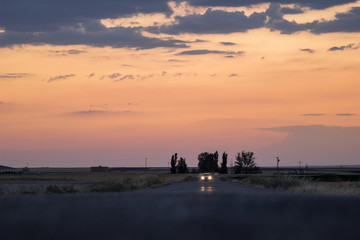 Far car lights and poplar grove in the background of a long rural road in the countryside in...