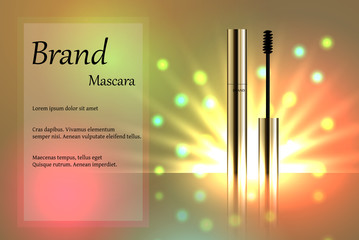 Cosmetics, the Golden mascara on the delicate background with bright rays, brand, design, luxury, poster, realistic vector 3D