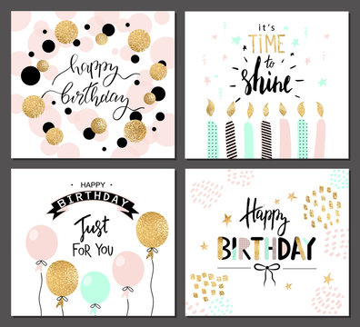 Happy birthday greeting cards and party invitation templates with lettering text. Vector illustration. Hand drawn style.