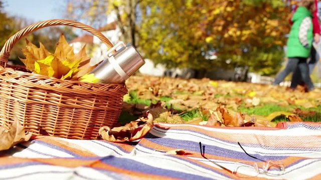 Father and son take a walk in the park on a beautiful autumn day: basket with a thermos sits in the foreground