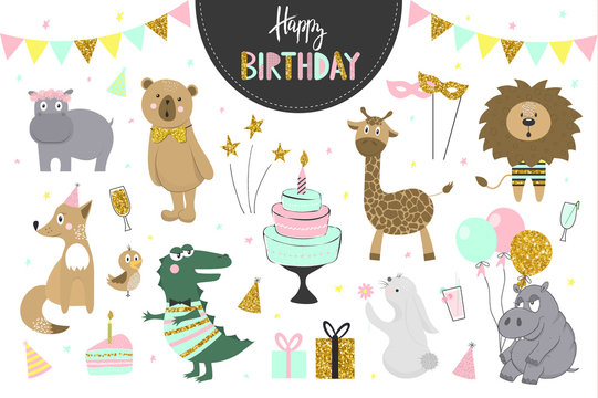 Set of vector birthday party elements with cute animals.