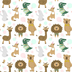 Seamless pattern with cute giraffe, rabbit, Fox, crocodile, lion, bird and bear. Vector illustration