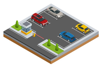 Isometric Cars in the parking lot or car parking. City parking vector web banner isometric flat vector style. Urban infrastructure and car boom.