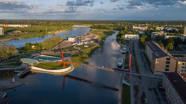 Pedestrian cable-stayed bridge in Jelgava. Aerial view from drone.