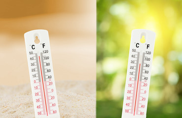Tropical temperature, measured on an outdoors thermometer with compare between the nature...