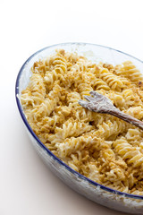 Fusilli pasta with sauce and nuts