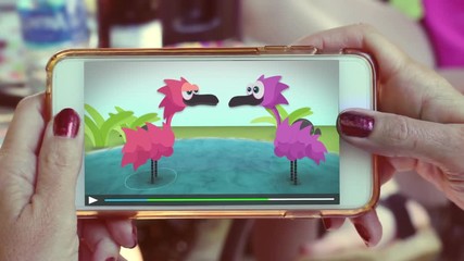 Generic 2D Flamingo Cartoon playing on smartphone at an outdoor party