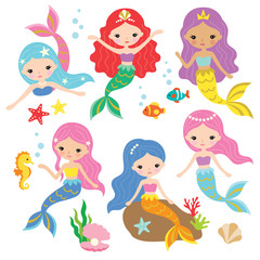 Estores personalizados crianças com sua foto Vector illustration of cute mermaid princess with colorful hair and other under the sea elements.