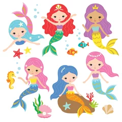 Foto op Plexiglas Vectorillustratie van schattige zeemeermin prinses met kleurrijke haren en andere onder de zee-elementen. © JungleOutThere