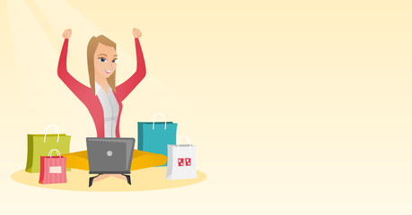 Caucasian woman using laptop for online shopping.