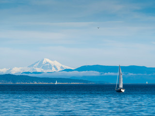 View on Mt. Baker from Vancouver Island, Canada, with sailboats cruising the ocean