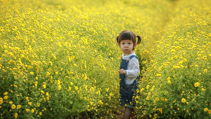 Cute little laughing girl or asian little girl walking in the field of yellow flowers in a sunny...