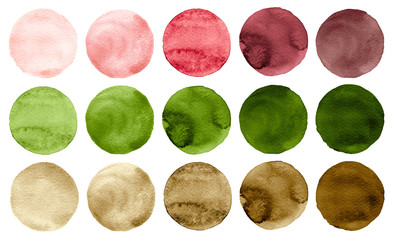 Watercolor circles in shades of green, pink, red and brown colors isolated on white background.