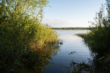 Sunset over the lake, dramatic sky, overgrown rivulet