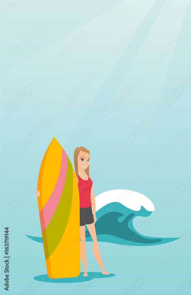 Poster Young caucasian surfer holding a surfboard.