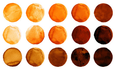 Watercolor circles in shades of orange and brown colors isolated on white background.