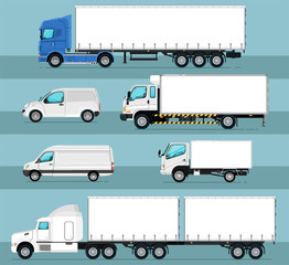 City commercial transport isolated set. Delivery car, cargo van, freight container truck, lorry vector illustration. Trucking business object collection. Side view auto vehicle in flat design.