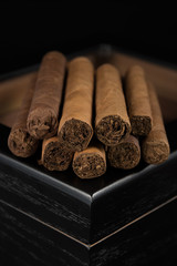 RIch smelling cigars invite a late evening smoke with friends. Multiple cigars above a black humidor and a black background