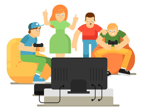 Emotional young people playing in video game console at home. Group of teen friends having video games party. Friendship, gaming competition and entertainment vector illustration in flat style.