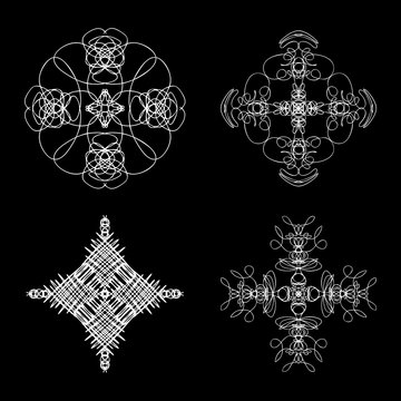Set of flower mandalas in black and white. Hand drawn sacred geometry mandala background. Seed of life symbols. Vector.