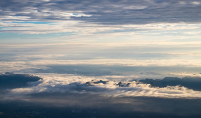 Fototapeta na wymiar Heaven mountain in morning sun ray and winter fog.