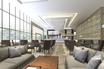 3d rendering luxury hotel reception and lounge restaurant