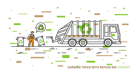 Refuse vehicle with dustbins vector illustration. Garbage truck with dustman and recycle sign graphic design with colorful elements.

