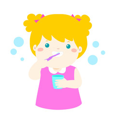 Happy girl brushing teeth cartoon vector.