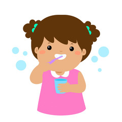 Happy girl brushing teeth cartoon vector.