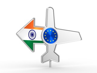 Emblem design for airlines, airplane tickets, travel agencies. Airplane icon and destination arrow. Flags of the European Union and India. 3D rendering