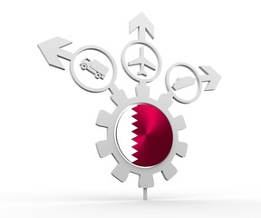 Delivery emblem design. Truck, airplane and ferry boat icons on destination arrows. Flag of the Qatar in the center of gear. 3D rendering