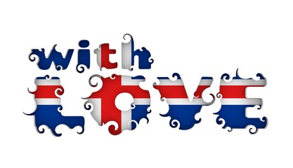 Lettering illustration with Love keyhole style text. Typography poster with abstract ornament of curls. 3D rendering. Flag of Iceland on backdrop