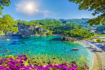 Amazing bay with crystal clear water in Paleokastritsa, Corfu island, Greece - obrazy, fototapety, plakaty