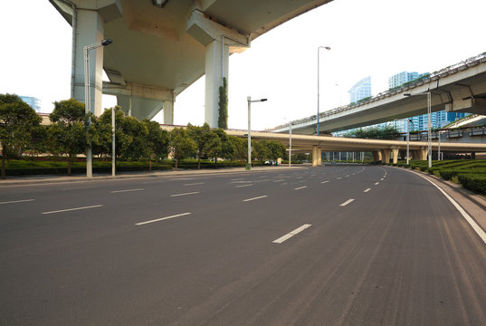Empty road surface floor with City road overpass viaduct bridge