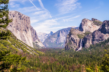 Summer landscape of the Yosemite National Park. Bridal veil falls waterfall