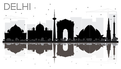 Obraz premium Delhi City skyline black and white silhouette with reflections.