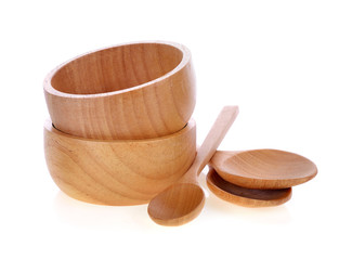 wood bowl and spoon isolated on white.