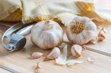 Garlic cloves and garlic bulb  with metall garlic press on wooden background. Garlic is used as seasoning and as a traditional medicine.