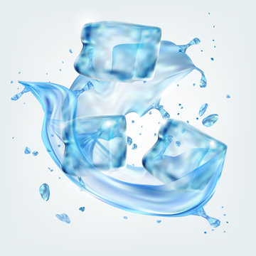 A set of ice cubes. Water splashes. A cartoon. Cold. For your design.