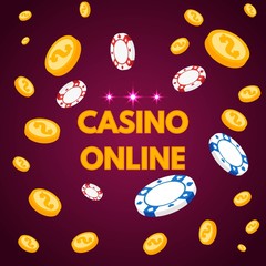 Internet casino lettring with chips and coin. Vector illustration.