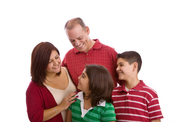 Fototapeta premium Hispanic family smiling isolated on white.